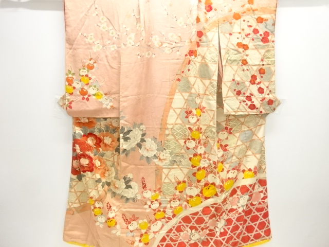 JAPANESE KIMONO / ANTIQUE KIDS KIMONO / TAISHO ROMAN STYLE / MON KINSHA / EMBROIDERY / PEONY